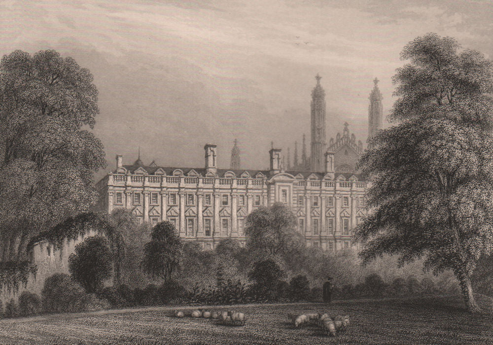 Clare Hall (CLARE COLLEGE), from the Gardens, Cambridge. LE KEUX 1841 print
